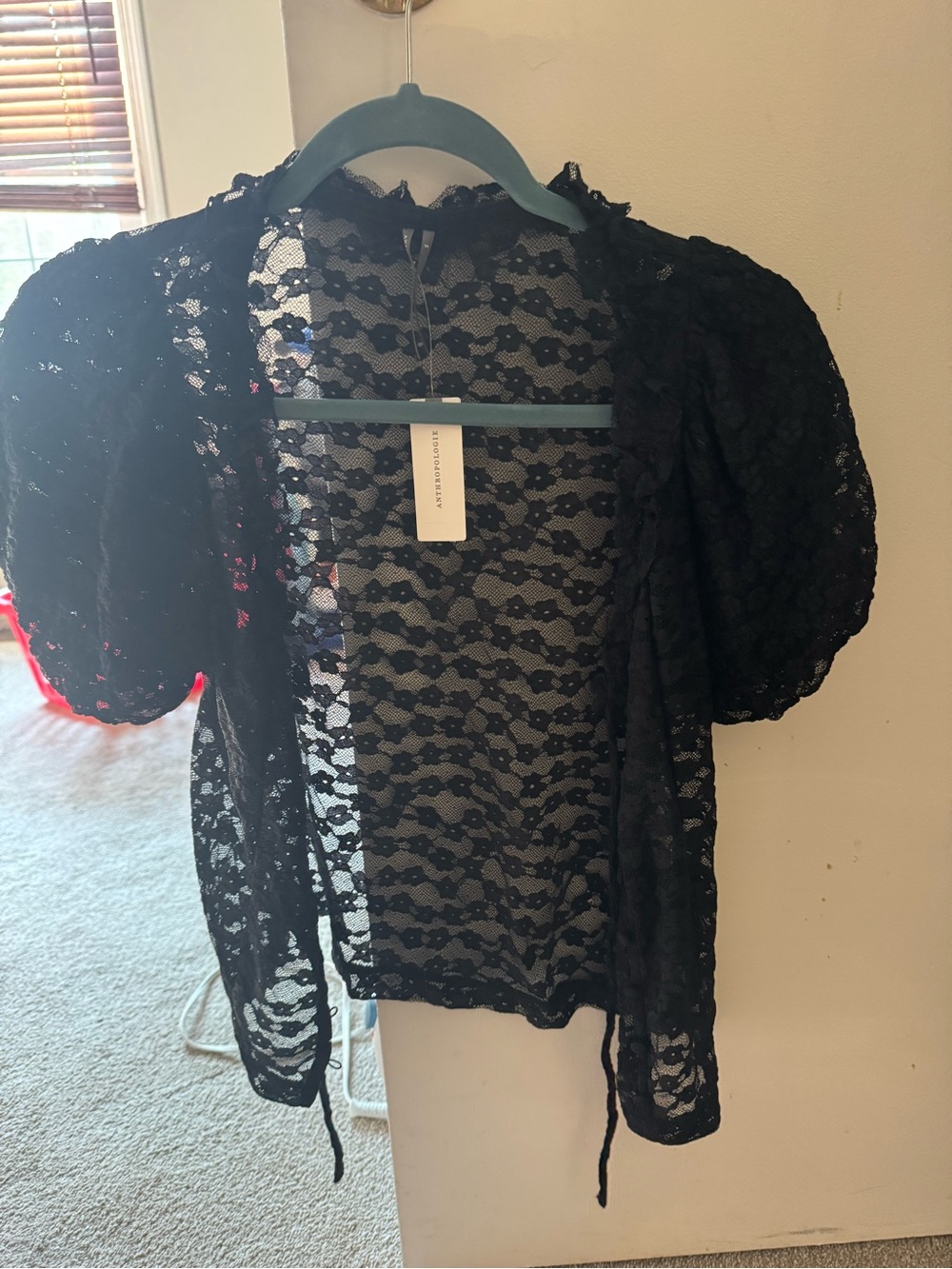 Anthropologie Black Sheer Lace Puff-Sleeve Blouse - Picture 4 of 6